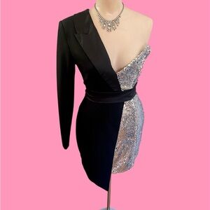 Elegant Black Tuxedo & Silver Sequin One-Shoulder Bodycon Dress sz Small